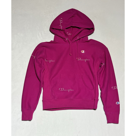 Champion Reverse Weave Hoodie Womens Small Pink Purple Spellout Logo Sweatshirt - Picture 1 of 12